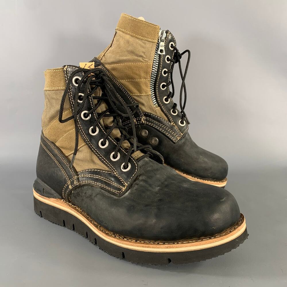 VISVIM Size 9.5 Black Olive Distressed Leather Canvas Lace Up Boots